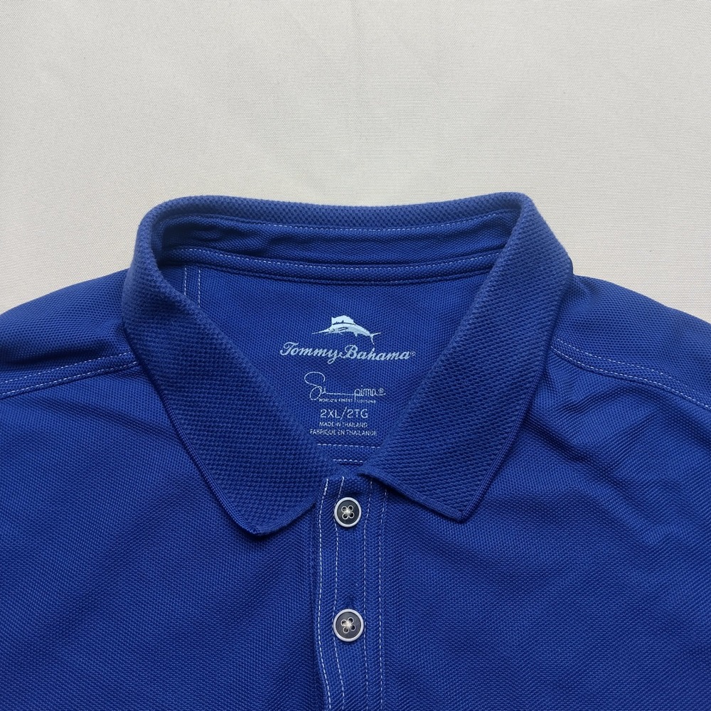 Tommy Bahama Mens 2XL Blue Supima Cotton Blend Emfielder Polo Shirt Marlin Logo